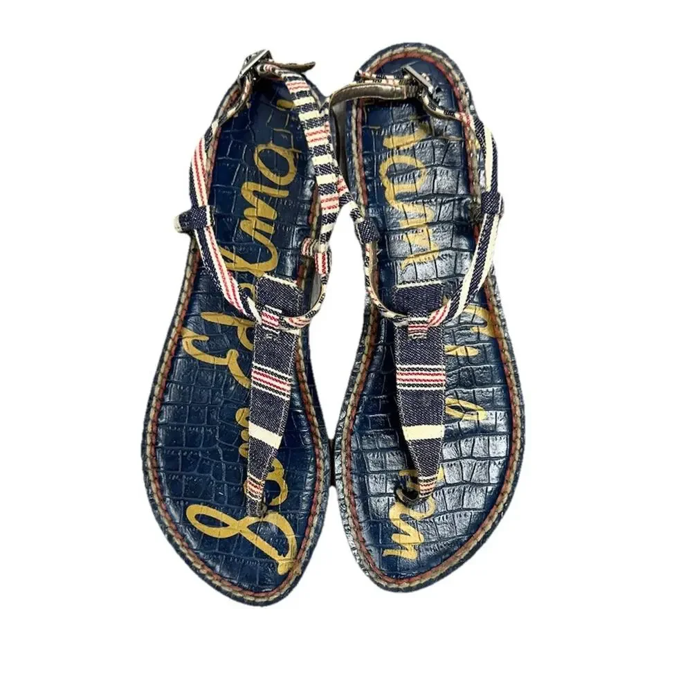 Sam Edelman Womens Gigi Sandal Slingback Red Blue Denim Nautical Flat Size 7.5